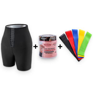 Kit Fitness Bermuda Modeladora Sauna com Forro Térmico + 5 Faixas Elástica Mini Band para Exercícios + Creme Redutor Pimenta Negra + GEl bumbum