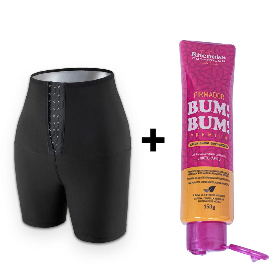 Kit Fitness Bermuda Modeladora Sauna com Forro Térmico + 5 Faixas Elástica Mini Band para Exercícios + Creme Redutor Pimenta Negra + GEl bumbum